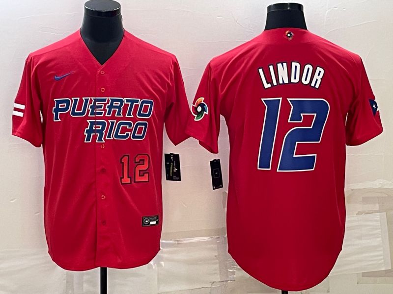 Men 2023 World Cub #12 Lindor Red Nike MLB Jersey->more jerseys->MLB Jersey
